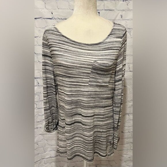 T By Talbots Gray Popover Shirt Top Striped Gray Summer Soft Zip Back large - Picture 1 of 6